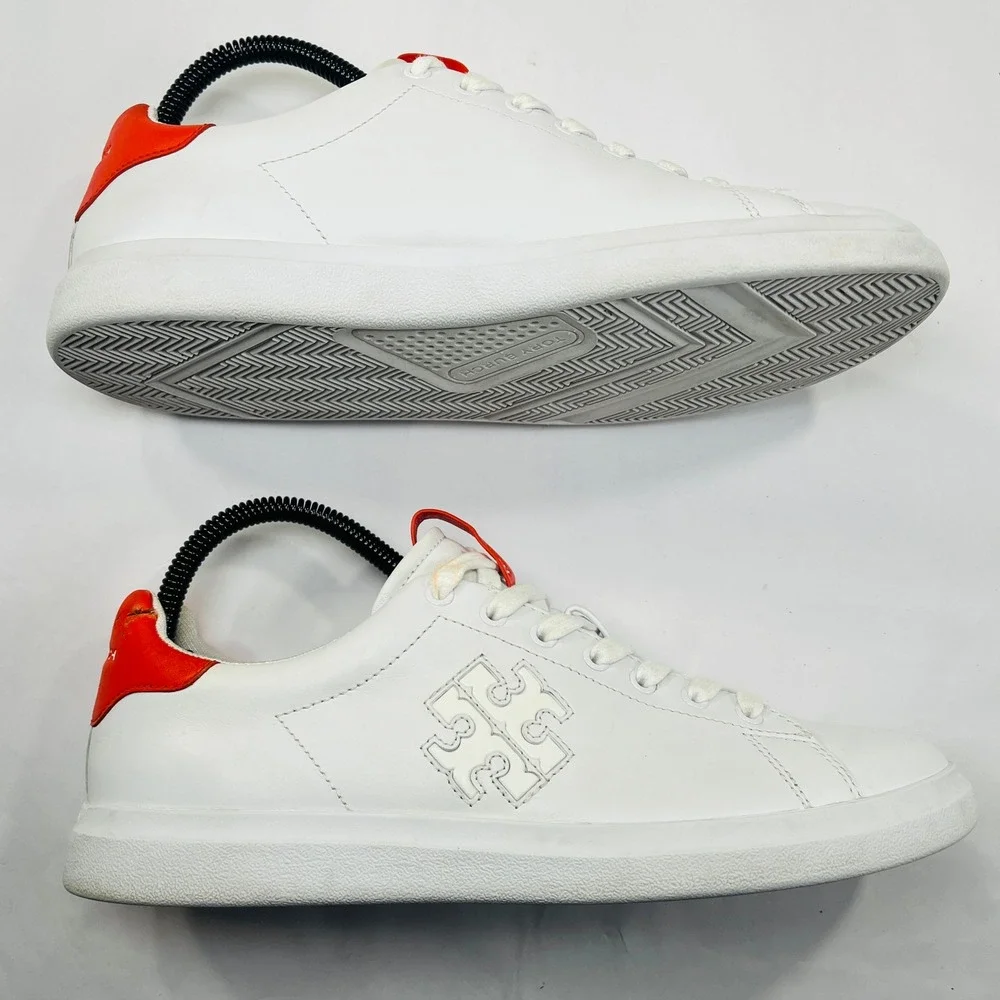 Tory Burch Double T Howell Court Sneaker Women 9 White Red Leather Designer Shoe